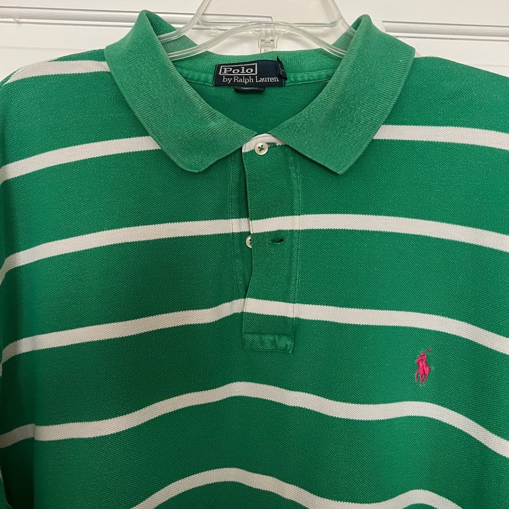 Polo by Ralph Lauren 2XLT green w/ bold white stripe pique polo in EUC